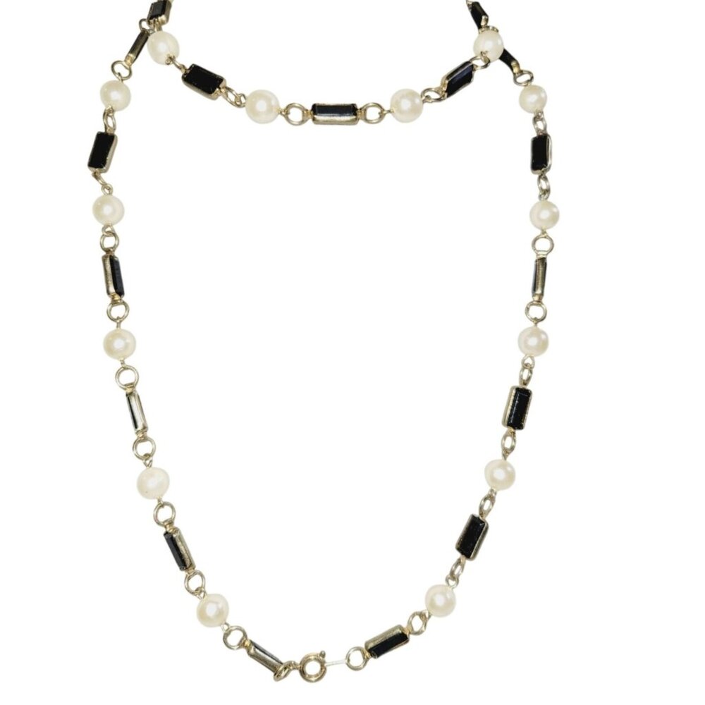 Vintage Necklace Long Elegant Black Onyx Bars and Faux Pearls Beaded Gold Tone